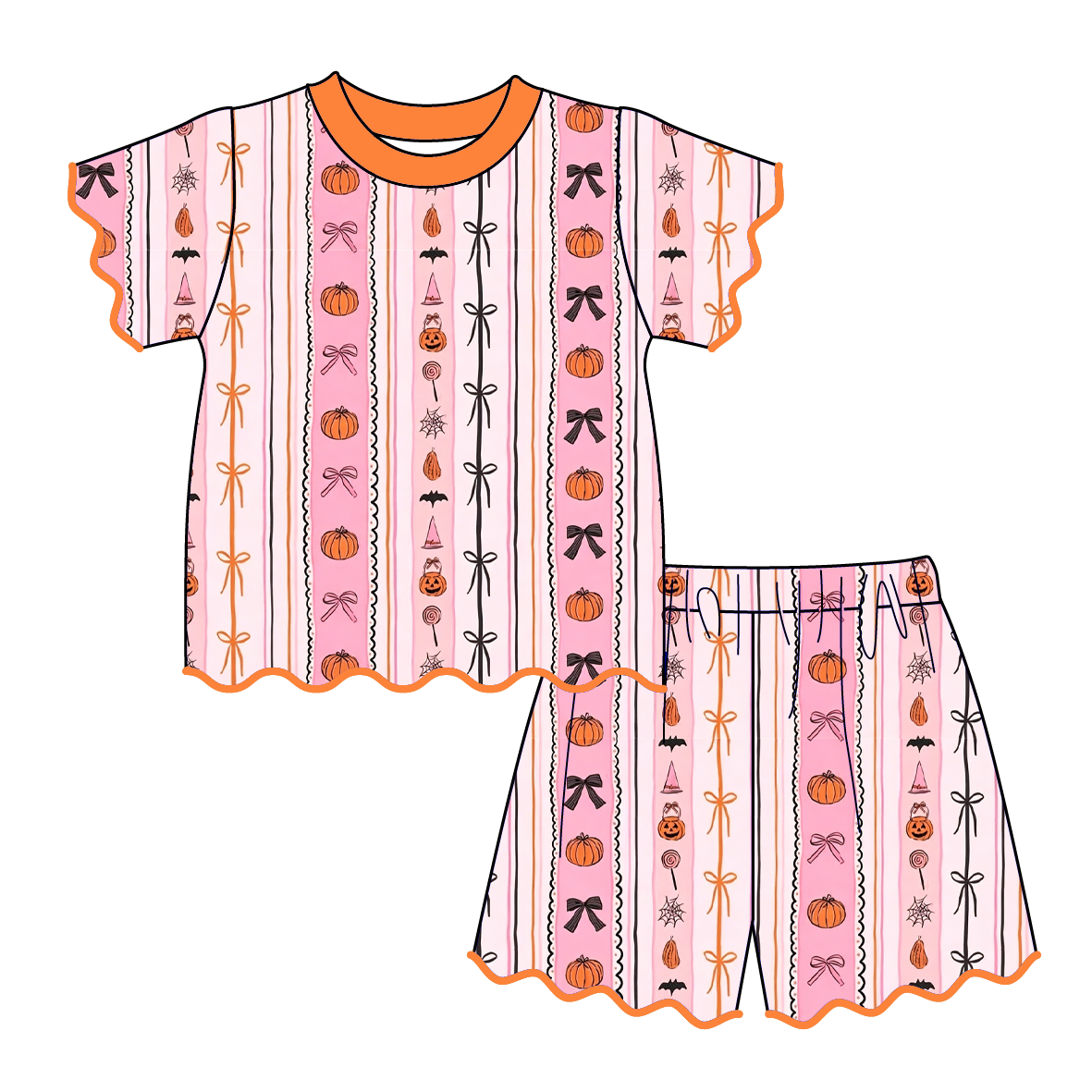 Pumpkin Halloween Soft Scallop Embroidery Trim Short Set