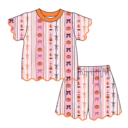 Pumpkin Halloween Soft Scallop Embroidery Trim Short Set