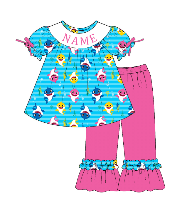 Custom Name Smocked Embroidery Baby & Toddler Shark Print Clothing Set | Personalized Boutique Kids Outfit