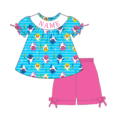 Custom Name Smocked Embroidery Baby & Toddler Shark Print Clothing Set | Personalized Boutique Kids Outfit