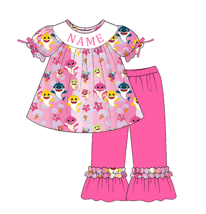 Custom Name Smocked Embroidery Baby Girl Shark Print Outfit Set | Personalized Boutique Toddler Clothing Collection