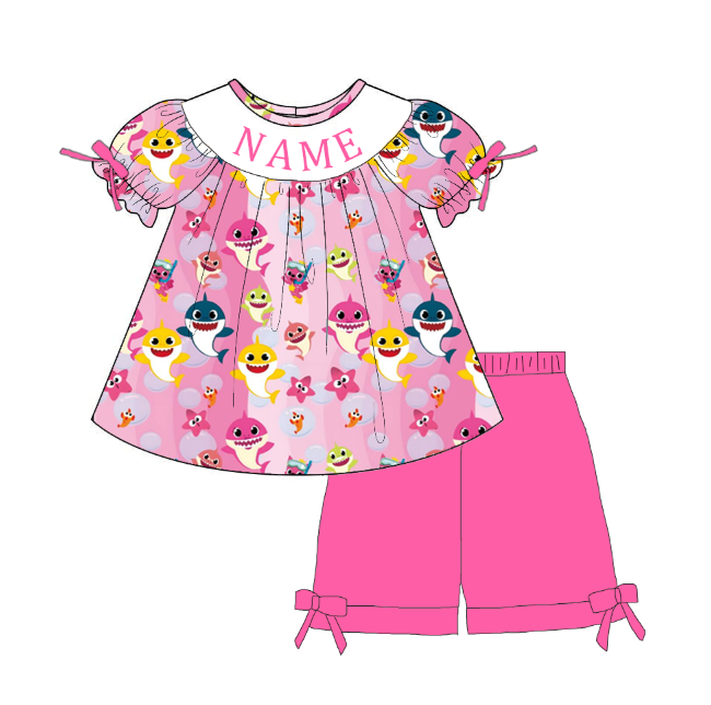 Custom Name Smocked Embroidery Baby Girl Shark Print Outfit Set | Personalized Boutique Toddler Clothing Collection