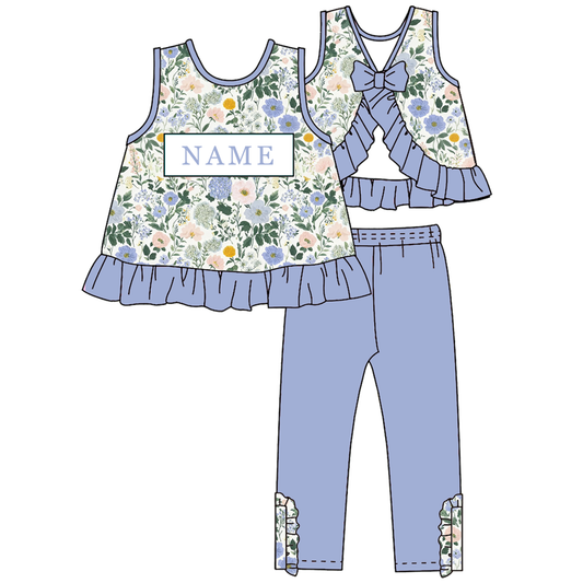 Personalized Blue Floral Smocked Embroidery Girls Sibling Set – Custom Name Ruffle Outfit & Baby Romper