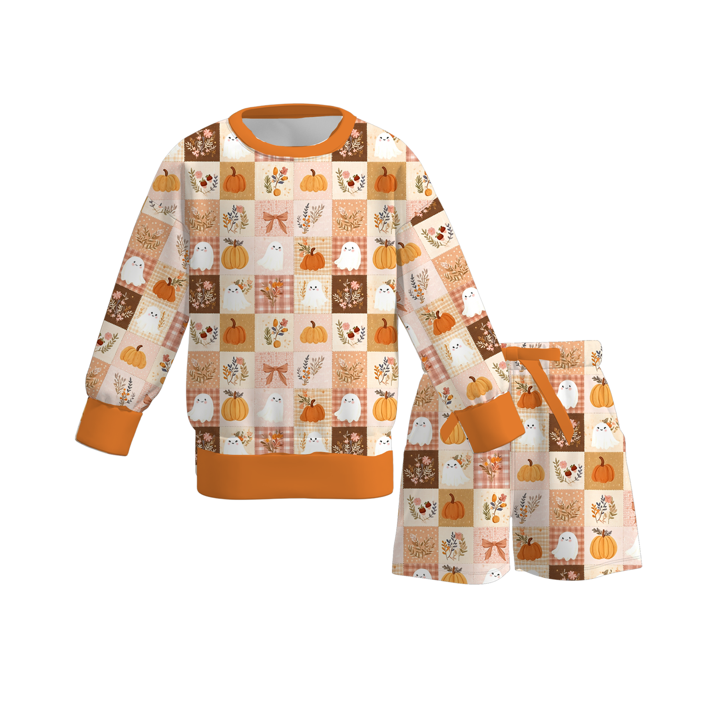 Fall Pumpkin & Ghost Patchwork Girls Dress and Two-Piece Set – Autumn Halloween Outfit