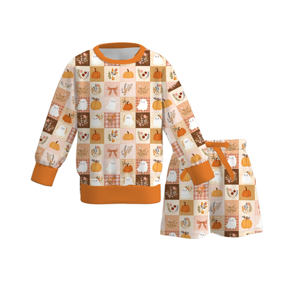Fall Pumpkin & Ghost Patchwork Girls Dress and Two-Piece Set – Autumn Halloween Outfit