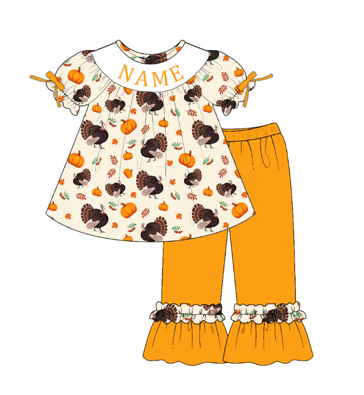 Personalized Smocked Embroidered Thanksgiving Collection | Custom Name Turkey & Pumpkin Boutique Outfit | Handmade Smocked Baby & Toddler Clothing