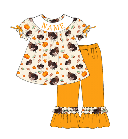Personalized Smocked Embroidered Thanksgiving Collection | Custom Name Turkey & Pumpkin Boutique Outfit | Handmade Smocked Baby & Toddler Clothing