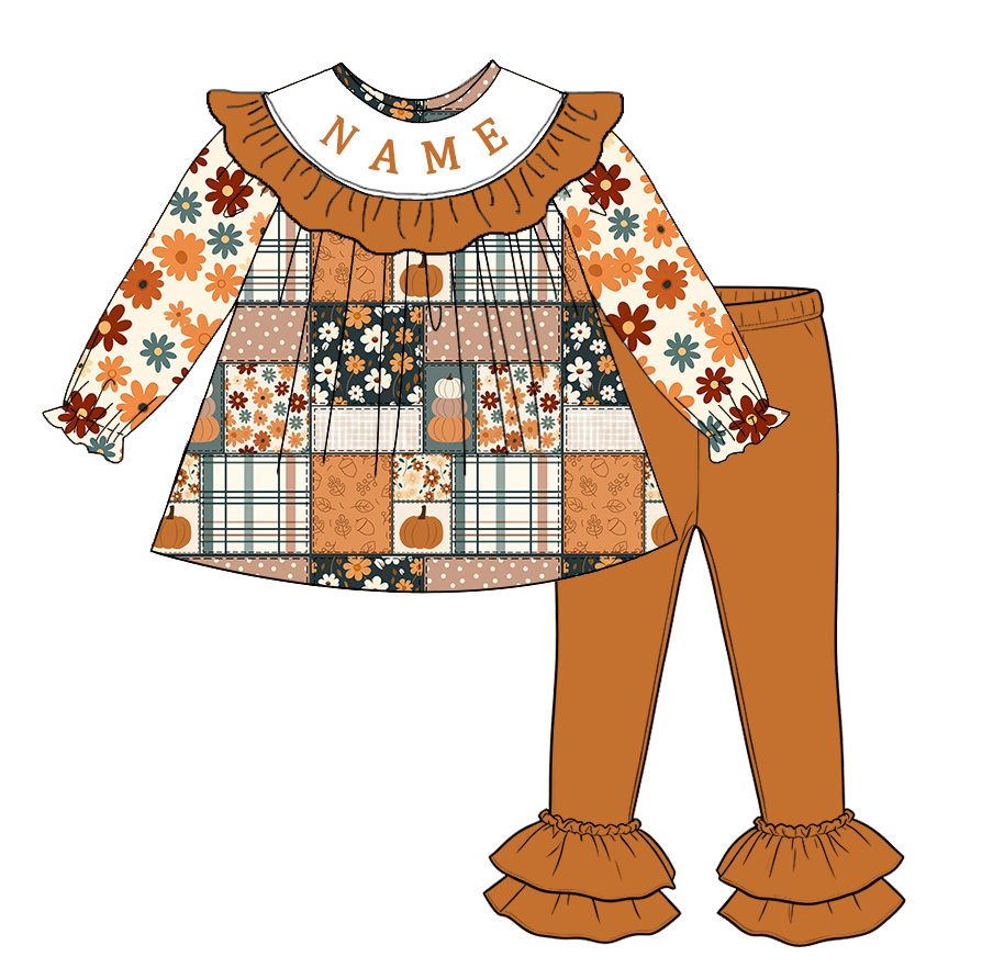 Personalized Fall Patchwork Kids Collection | Custom Name Embroidery | Boutique Dress, Romper & Boys Outfit | Autumn Harvest Clothing