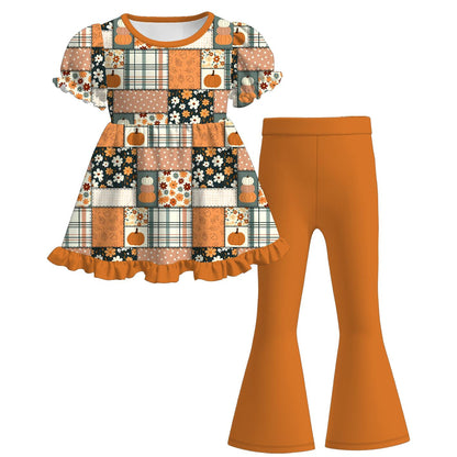 Halloween Pumpkin Patchwork Collection | Matching Family Outfits | Girls Dress, Ruffle Pant Set, Wide-Leg Jumpsuit & Boys Short Set