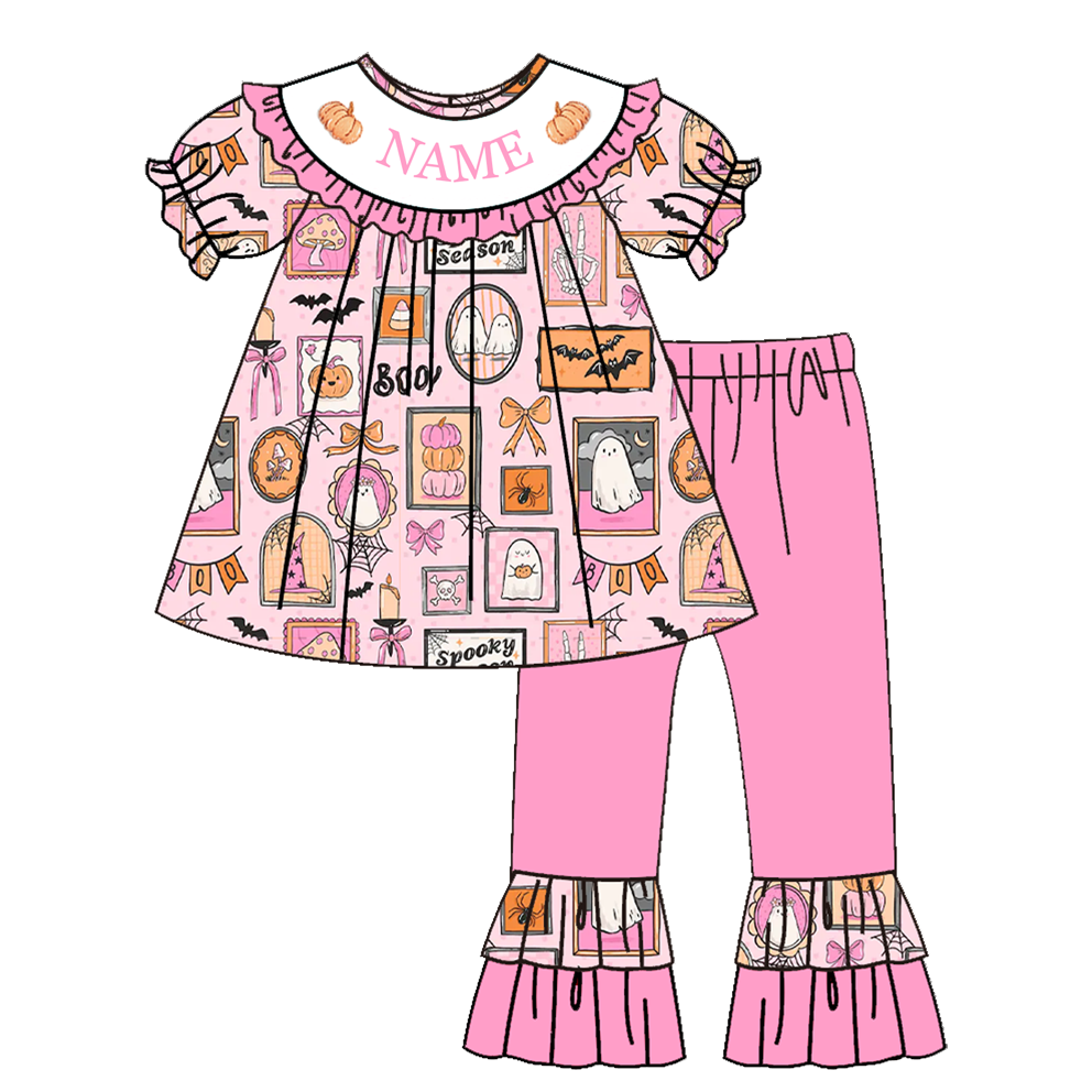 Personalized Pink Halloween Boutique Collection | Custom Name Ghost & Pumpkin Dress, Bubble Romper & Ruffle Pants Set
