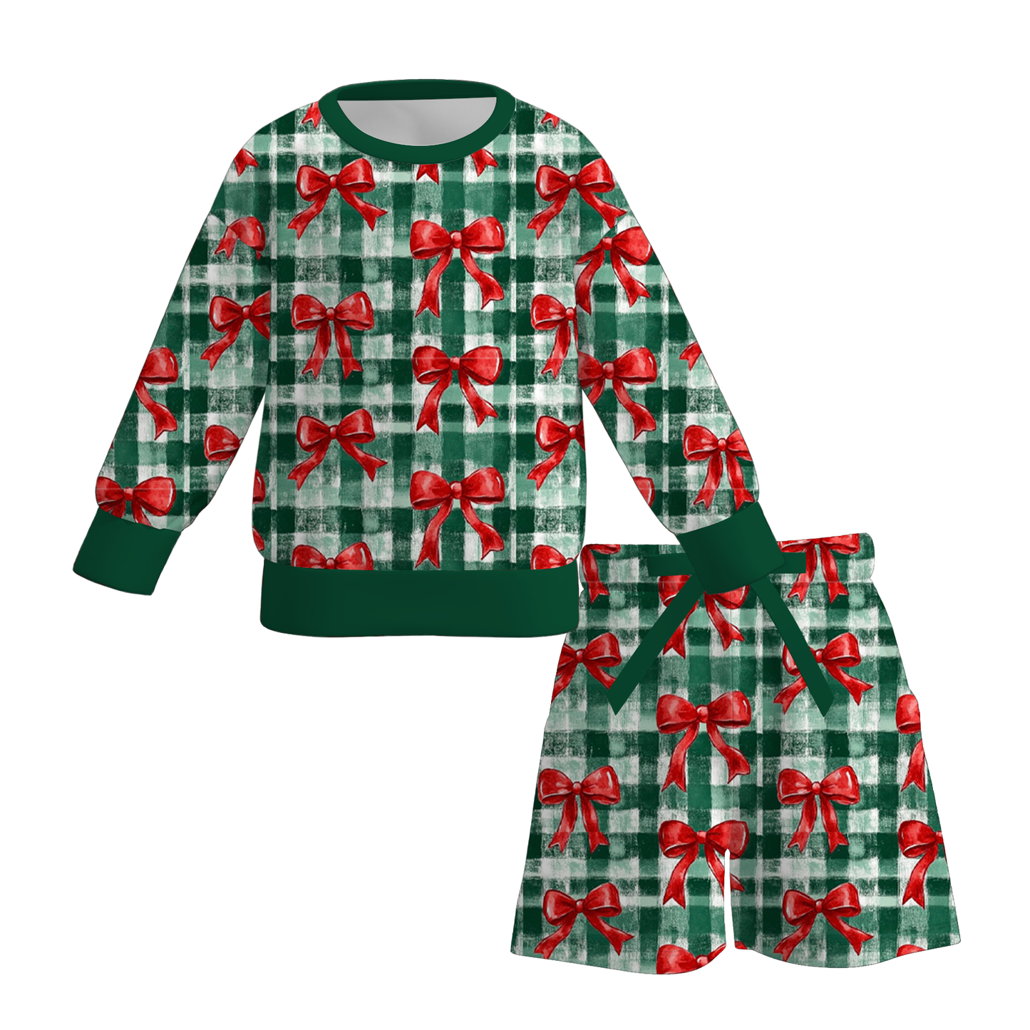 Christmas Mommy & Me Matching Gingham Bow Print Sweatshirt & Shorts Set