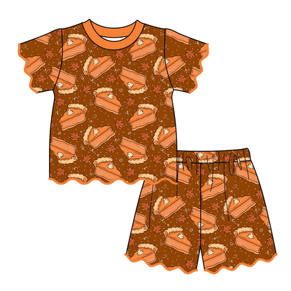 Girls Thanksgiving Boutique Outfit | Pumpkin Pie & Fall Print Flutter Sleeve Top and Shorts Set | Autumn Toddler Clothing