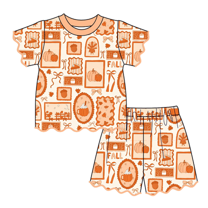 Girls Thanksgiving Boutique Outfit | Pumpkin Pie & Fall Print Flutter Sleeve Top and Shorts Set | Autumn Toddler Clothing