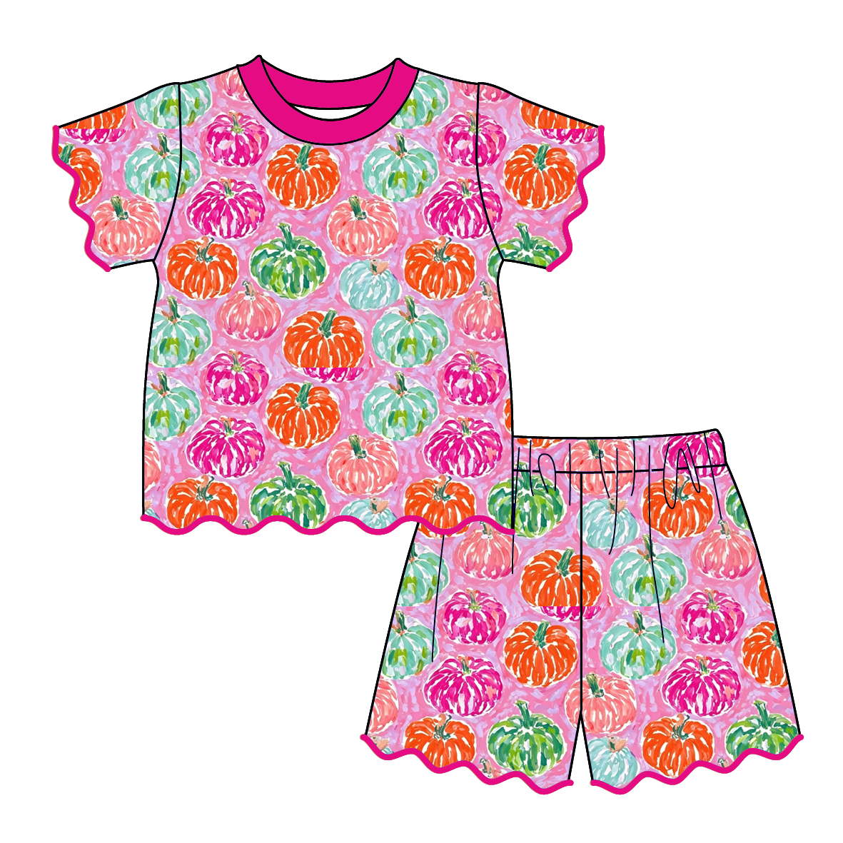 Girls Halloween Pumpkin Print Boutique Outfit | Scalloped Ruffle Sleeve Top & Shorts Set | Fall Toddler Clothing