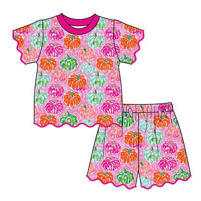 Girls Halloween Pumpkin Print Boutique Outfit | Scalloped Ruffle Sleeve Top & Shorts Set | Fall Toddler Clothing