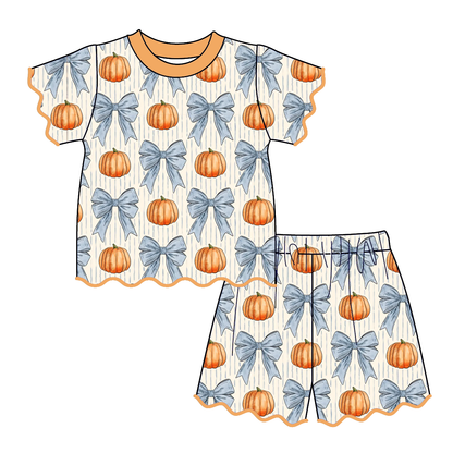 Girls Halloween Pumpkin Print Boutique Outfit | Scalloped Ruffle Sleeve Top & Shorts Set | Fall Toddler Clothing