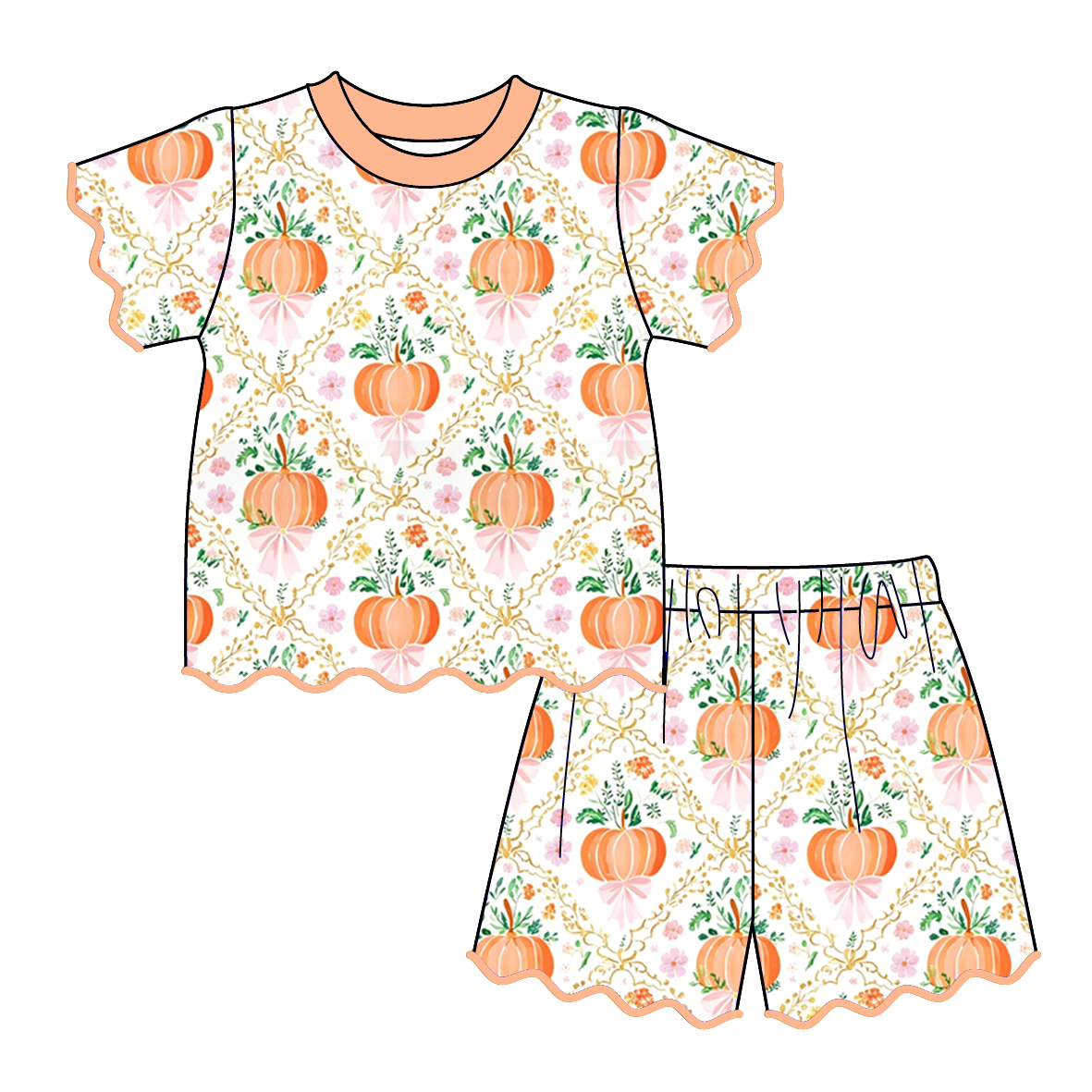 Girls Halloween Pumpkin Print Boutique Outfit | Scalloped Ruffle Sleeve Top & Shorts Set | Fall Toddler Clothing