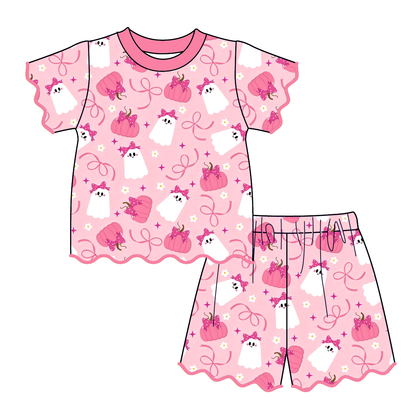 Girls Halloween Pumpkin & Ghost Boutique Short Set | Scalloped Ruffle Outfit | Soft Polyester Spandex Matching Collection