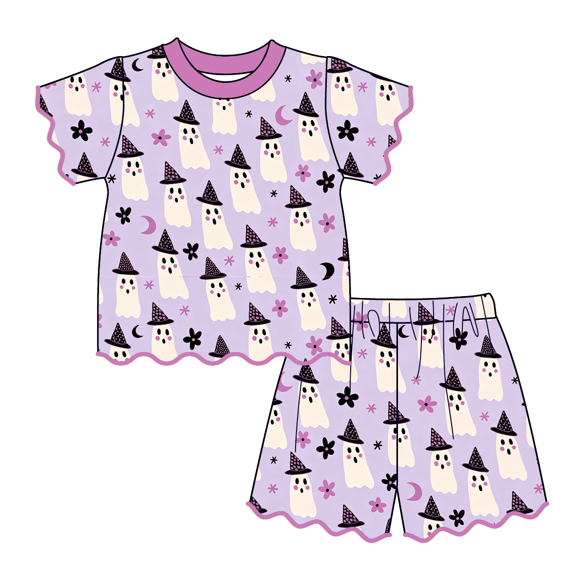 Girls Halloween Pumpkin & Ghost Boutique Short Set | Scalloped Ruffle Outfit | Soft Polyester Spandex Matching Collection