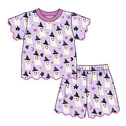 Girls Halloween Pumpkin & Ghost Boutique Short Set | Scalloped Ruffle Outfit | Soft Polyester Spandex Matching Collection