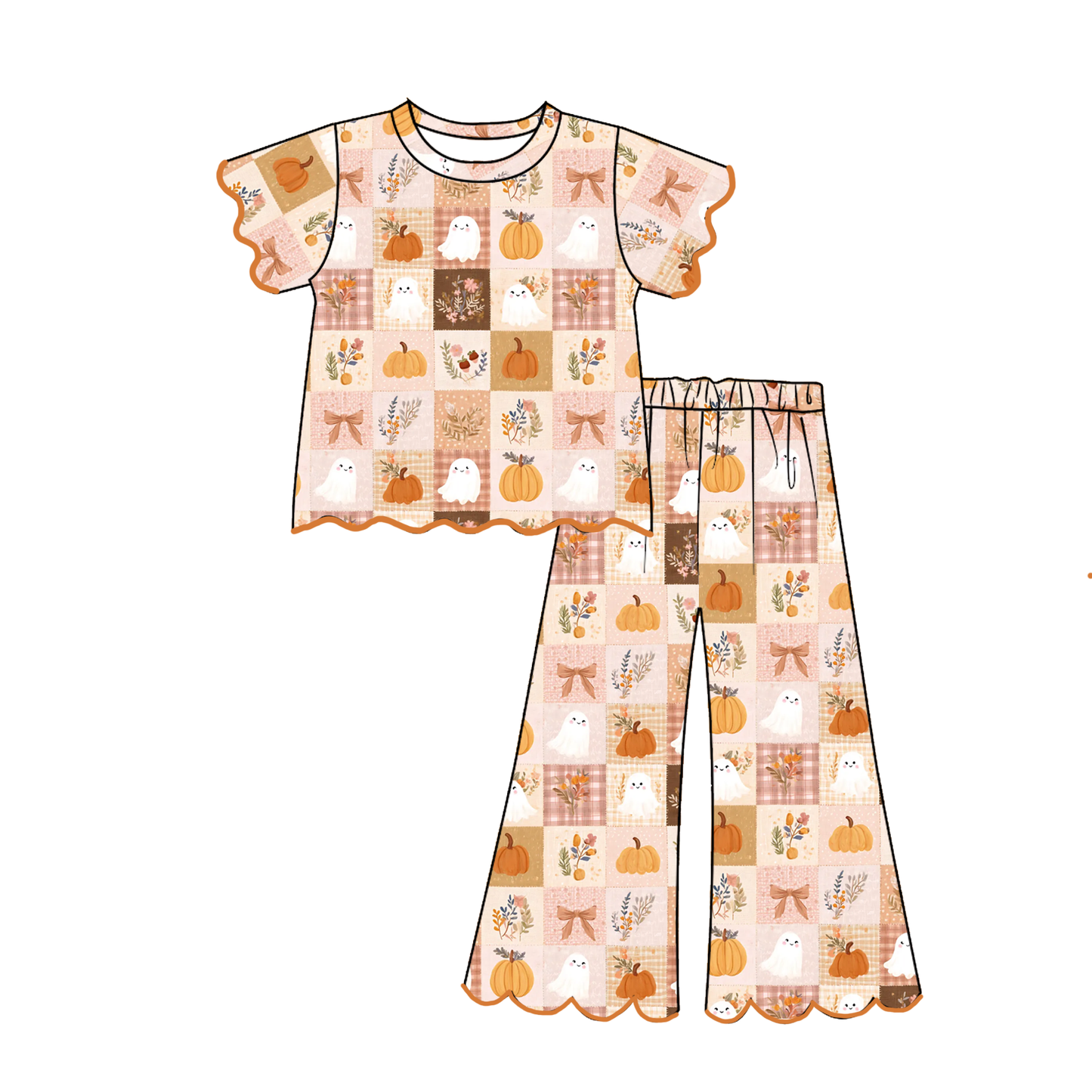 Girls Halloween Boutique Outfit | Pumpkin & Ghost Print Flutter Sleeve Top and Wide Leg Pants Set | Fall Kids Clothing