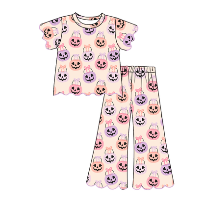 Girls Halloween Boutique Outfit | Pumpkin & Ghost Print Flutter Sleeve Top and Wide Leg Pants Set | Fall Kids Clothing