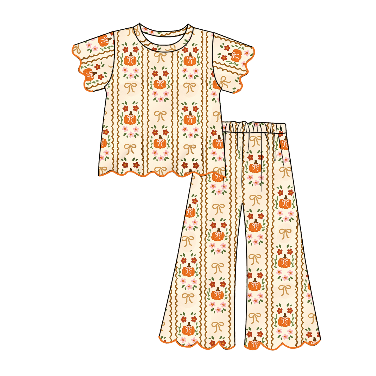 Girls Halloween Boutique Outfit | Pumpkin & Ghost Print Flutter Sleeve Top and Wide Leg Pants Set | Fall Kids Clothing