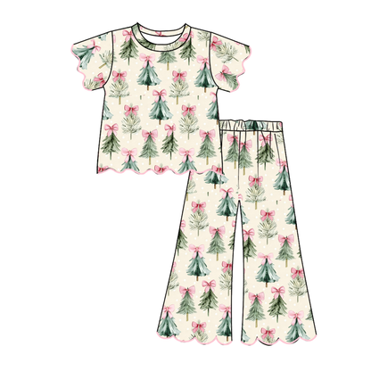 Girls Christmas Pajama Set – Ruffle Short Sleeve Top & Wide Leg Pants, Holiday Santa, Christmas Tree & Gingerbread Prints