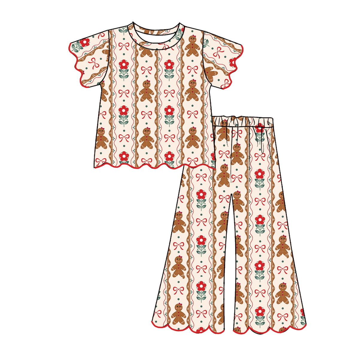 Girls Christmas Pajama Set – Ruffle Short Sleeve Top & Wide Leg Pants, Holiday Santa, Christmas Tree & Gingerbread Prints