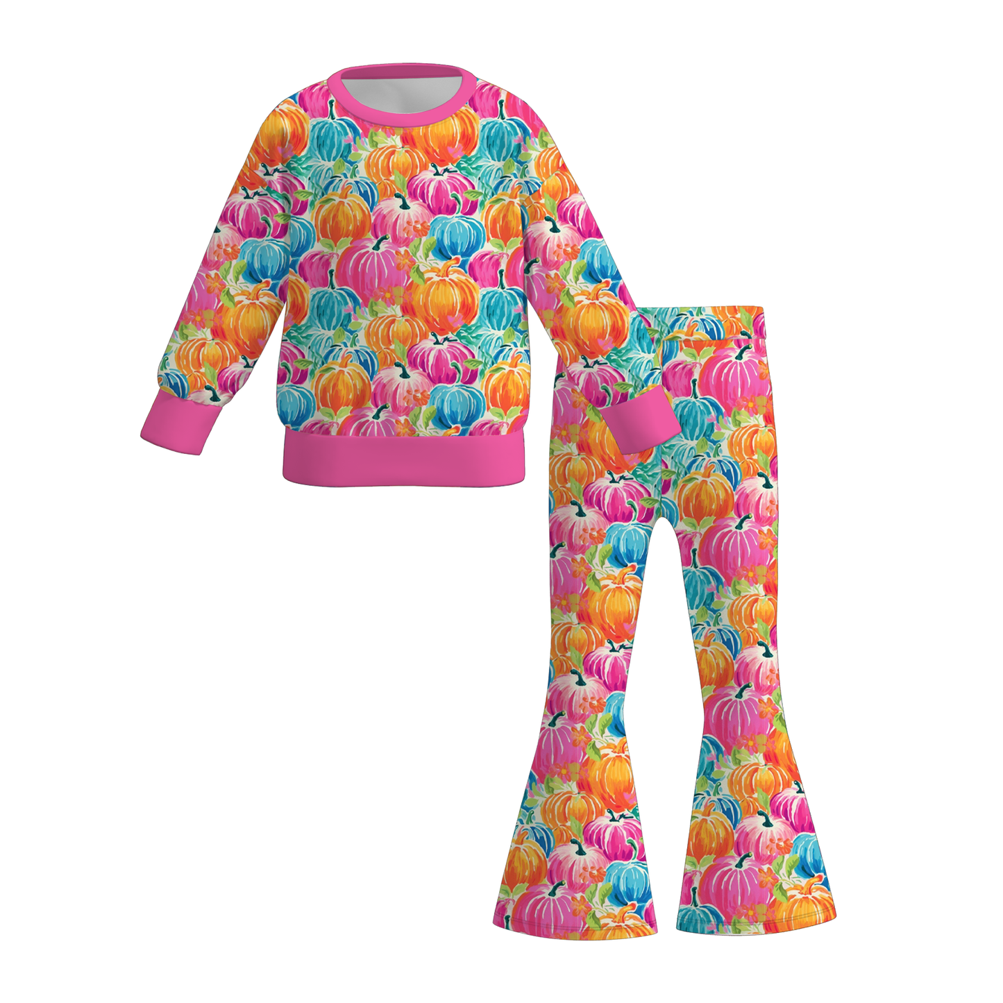 Girls Fall Pumpkin Print Long Sleeve Top & Flare Pants Set