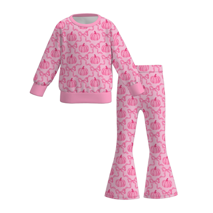 Girls Fall Pumpkin Print Long Sleeve Top & Flare Pants Set
