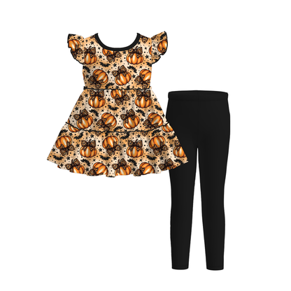 Girls Halloween Pumpkin Print Ruffle Dress & Leggings 2-Piece Outfit Set