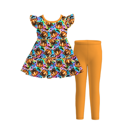 Girls Halloween Pumpkin Print Ruffle Dress & Leggings 2-Piece Outfit Set