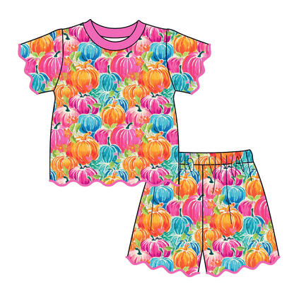 Girls Boutique Halloween Fall Pumpkin Scalloped Trim Short Set