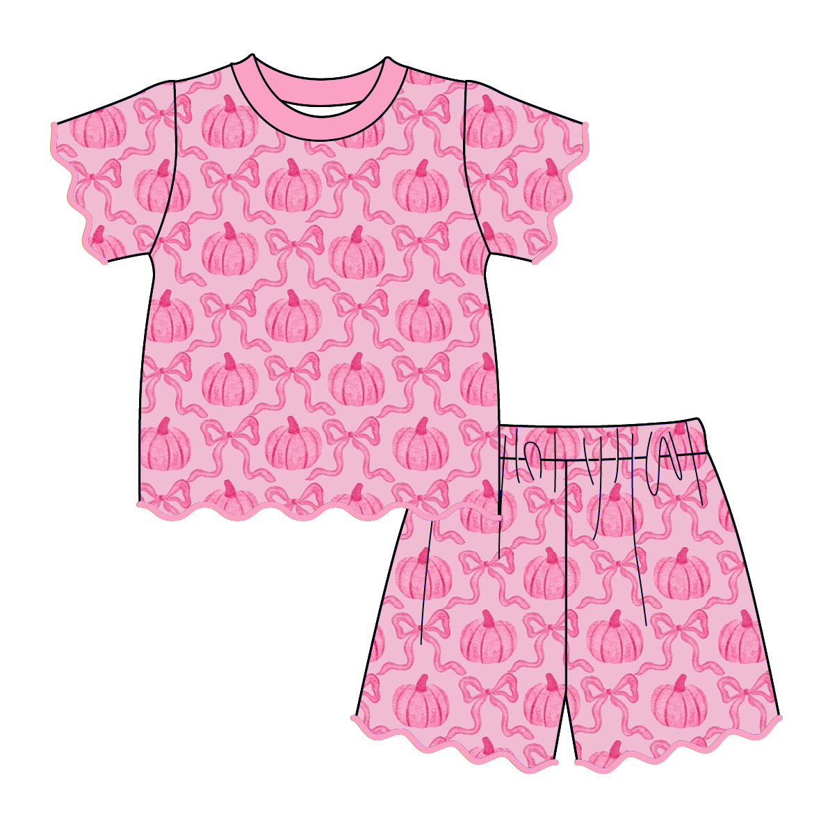 Girls Boutique Halloween Fall Pumpkin Scalloped Trim Short Set
