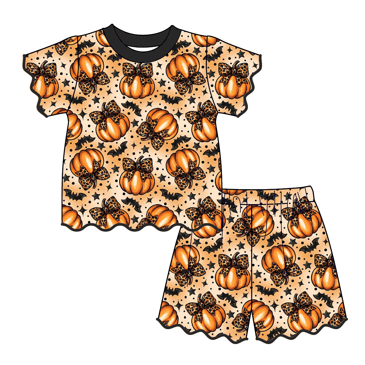 Girls Boutique Halloween Fall Pumpkin Scalloped Trim Short Set