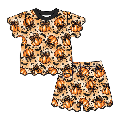 Girls Boutique Halloween Fall Pumpkin Scalloped Trim Short Set