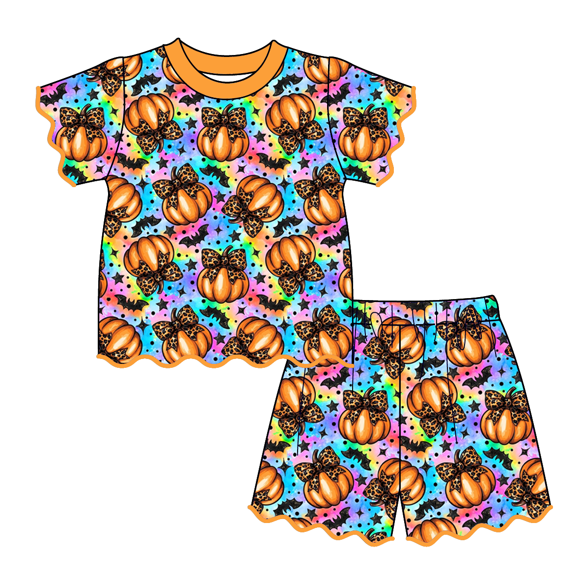 Girls Boutique Halloween Fall Pumpkin Scalloped Trim Short Set