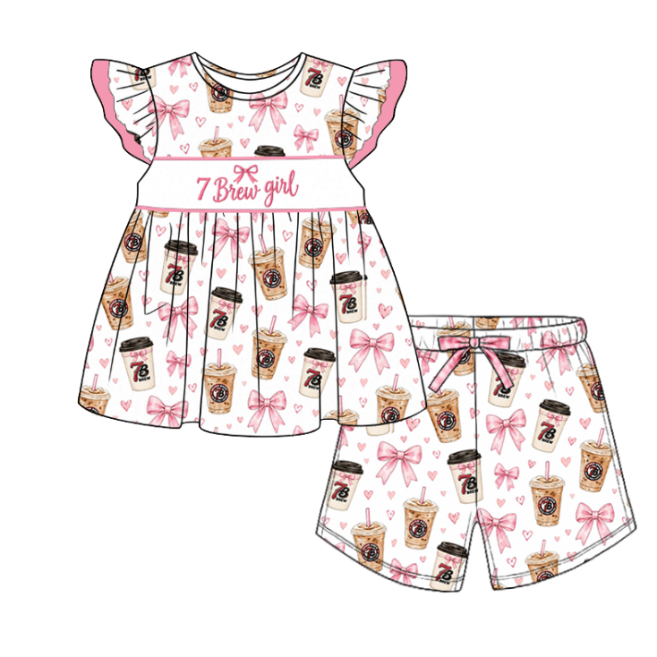 Girls Pink Bow & Coffee Print Smocked Embroidered Outfit – Dress, Romper & Shorts Set