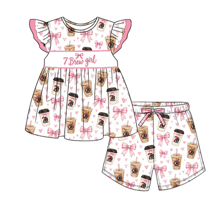 Girls Pink Bow & Coffee Print Smocked Embroidered Outfit – Dress, Romper & Shorts Set