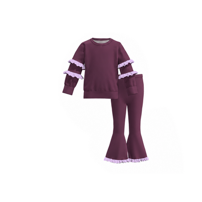 Girls’ Fall Muti-Colors Ruffle Flare Pants Set – Long Sleeve Boutique Outfit