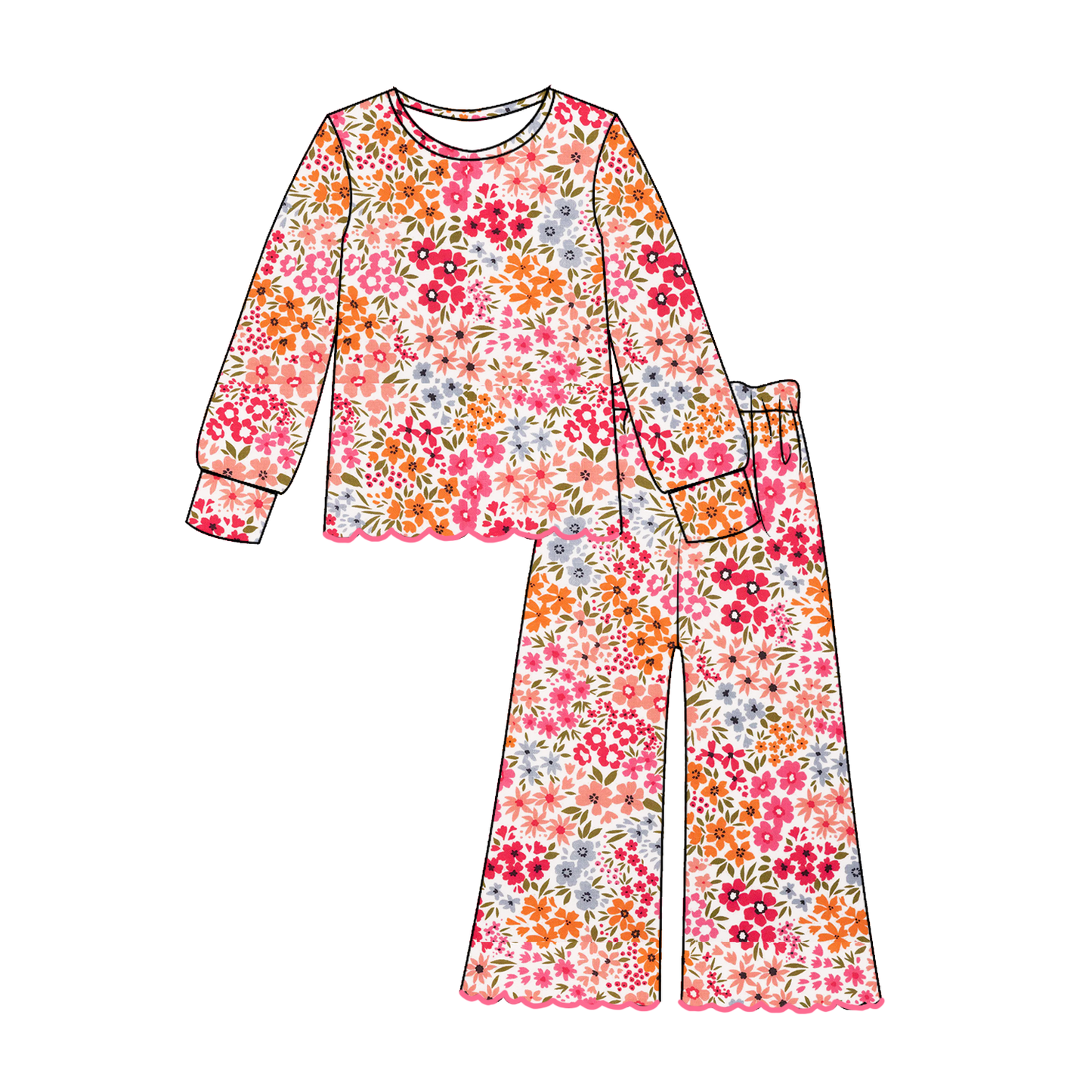 Girls Fall Floral Two-Piece Outfit – Long Sleeve Scalloped Top & Flare Pants Set
