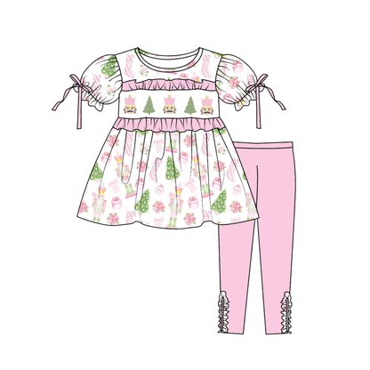 Pink Christmas Tree Smocked Embroidery Girls Holiday Outfits