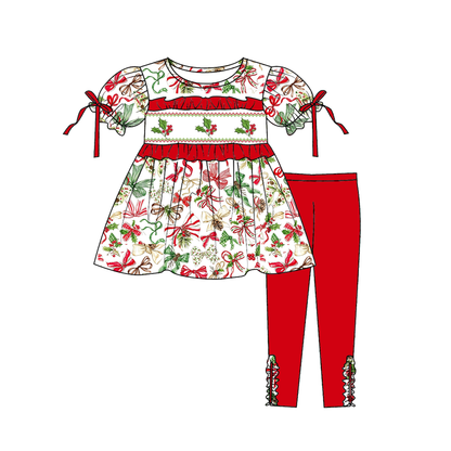 Christmas Holly Bow Smocked Embroidery Girls Holiday Outfits