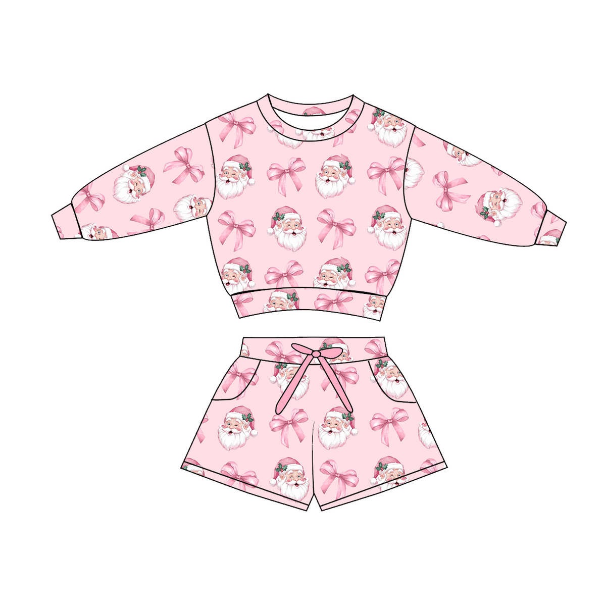 Girls Pink Christmas Santa & Bow Collection – Holiday Pajama Set, Dress & Shorts Set