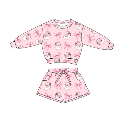 Girls Pink Christmas Santa & Bow Collection – Holiday Pajama Set, Dress & Shorts Set
