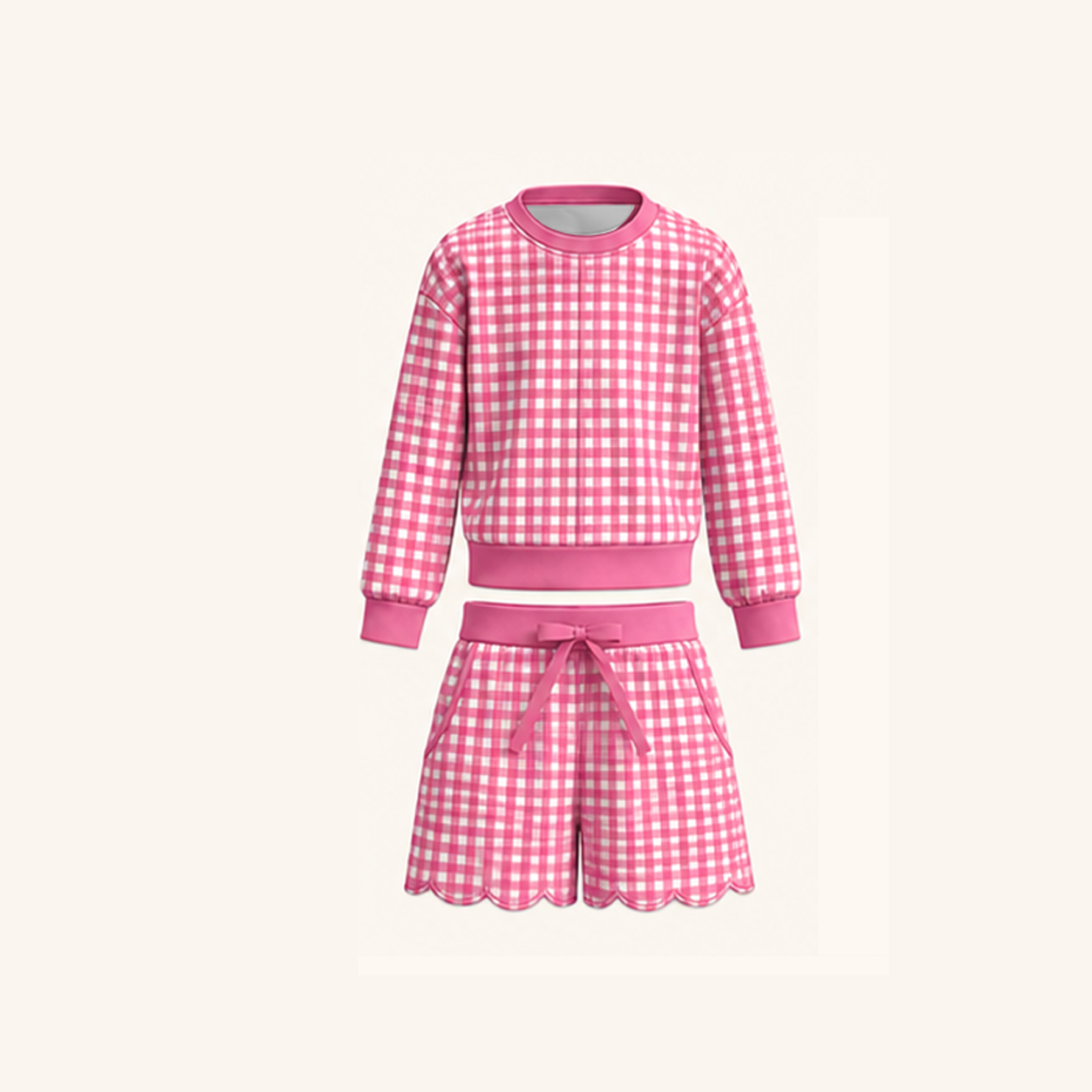 Christmas Gingham Plaid Girls Two-Piece Sweatshirt & Shorts Scallop Set