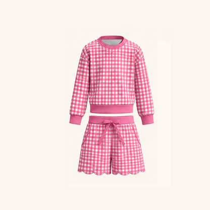 Christmas Gingham Plaid Girls Two-Piece Sweatshirt & Shorts Scallop Set