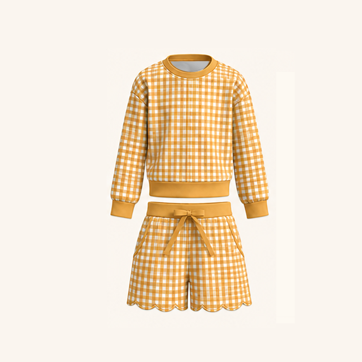 Christmas Gingham Plaid Girls Two-Piece Sweatshirt & Shorts Scallop Set