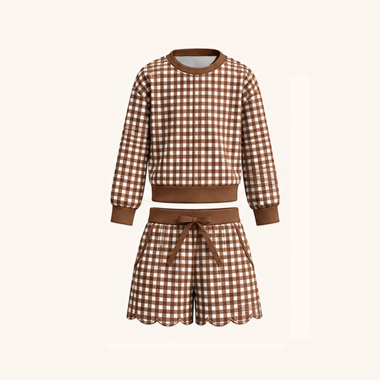 Christmas Gingham Plaid Girls Two-Piece Sweatshirt & Shorts Scallop Set